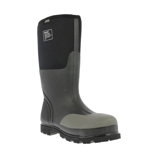 Black rubber boot with a visible brand logo on a white background