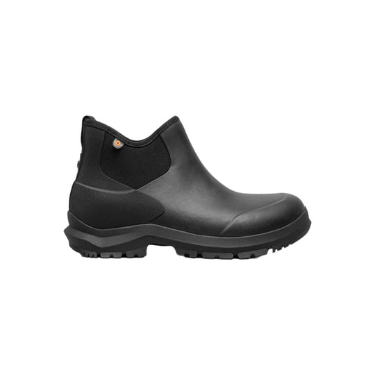 Black Chelsea-style ankle boot with elastic side panels and a rugged lugged sole