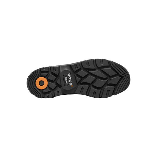 Black boot outsole with deep tread and orange circular heel insert, shown from below