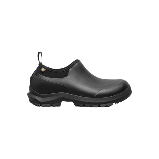 Black slip-on rubber work boot with thick lug sole and heel pull tab