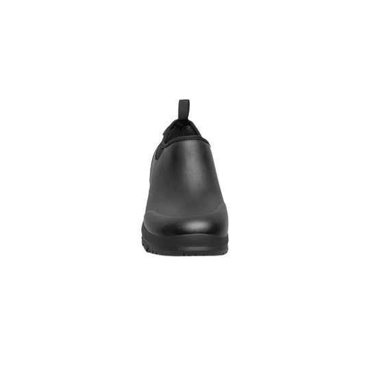 Black slip-on rain boot with pull tab and thick treaded sole, front view