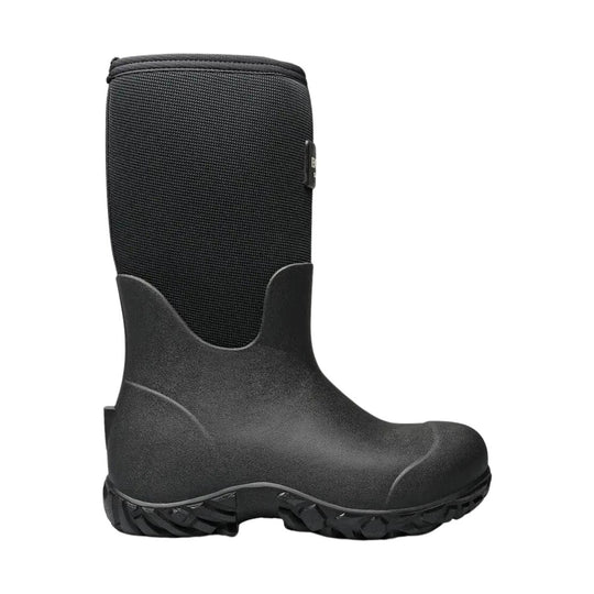 Black tall insulated rubber work boot with textured shaft and rugged tread sole
