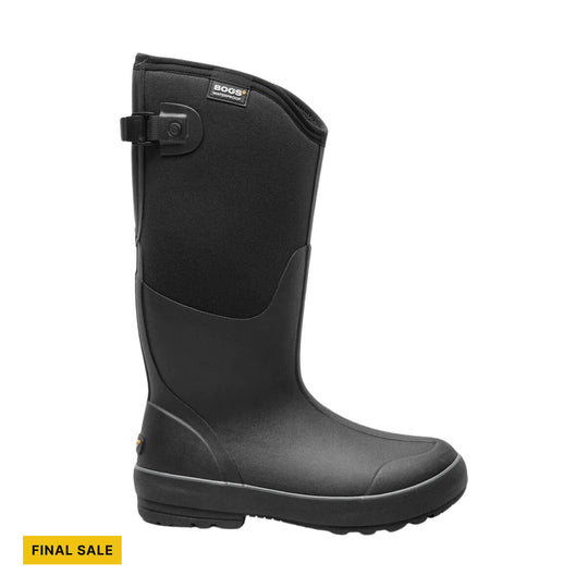Black tall waterproof rubber boot with adjustable calf strap and yellow FINAL SALE label