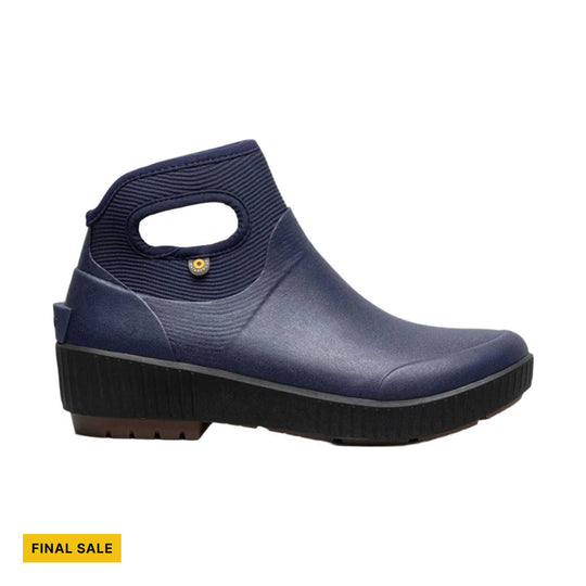 Navy ankle rain boot with a side cutout handle and thick black lug sole