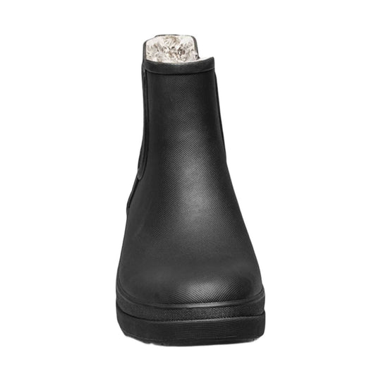 Black ankle rain boot with a textured upper and pull-on design