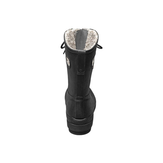 Black tall winter boot with faux fur lining, shown from the back