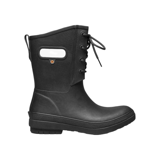 Black mid-calf winter boot with side laces and a rectangular side cutout