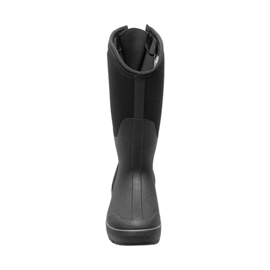 Black tall rain boot shown from the back