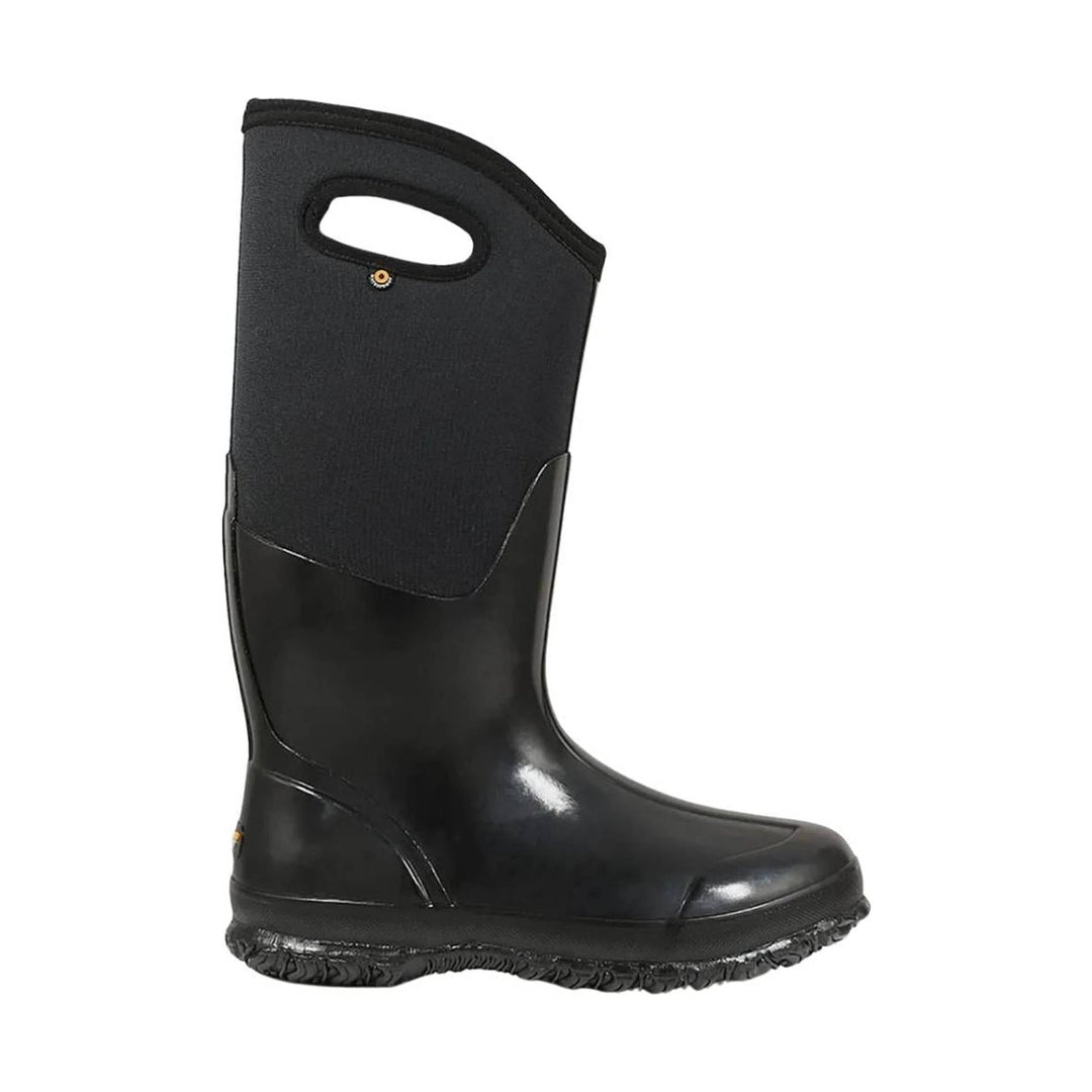 Black rubber boot with a pull tab on a white background