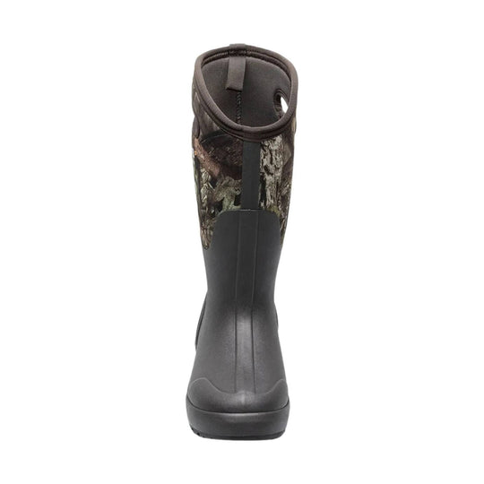 Tall black rain boot with camouflage side panels, shown from the front