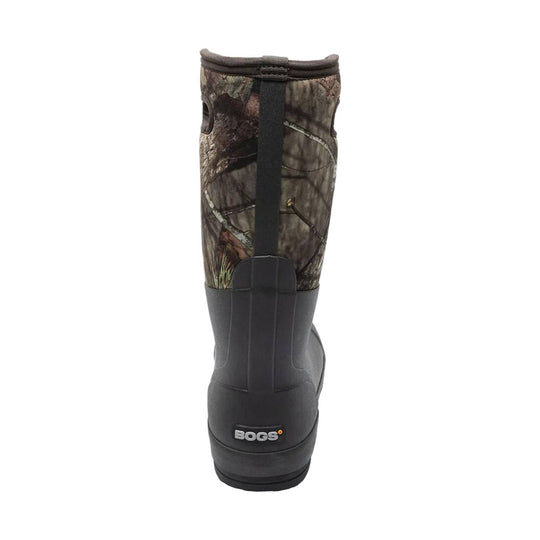 Tall camouflage rain boot with a black rubber foot and BOGS logo on the heel