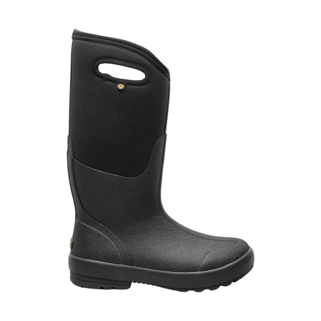 Black tall rubber boot with wide calf shaft, pull handle, and thick treaded sole