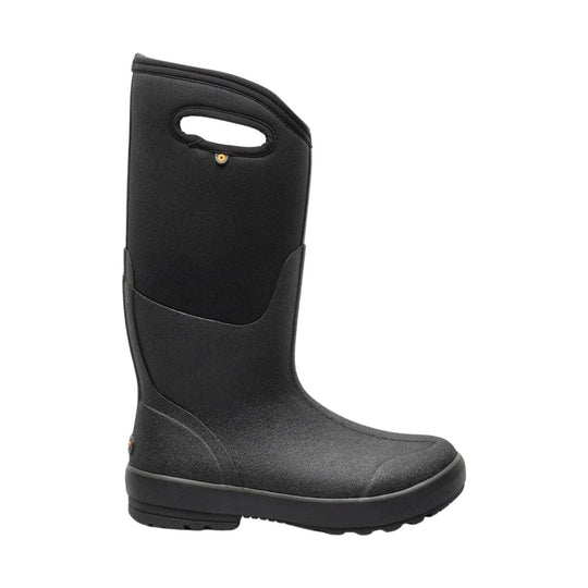 Black tall rubber boot with wide calf shaft, pull handle, and thick treaded sole