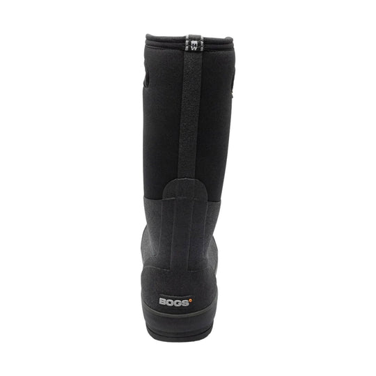 Black tall waterproof boot shown from the back with BOGS logo on the heel