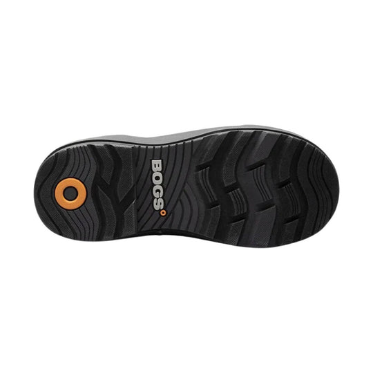 Black boot outsole with deep tread and orange BOGS logo