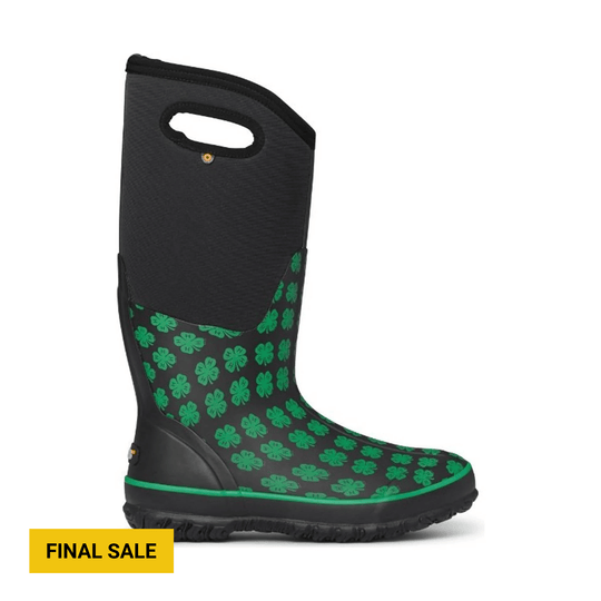 Black tall rain boot with green shamrock pattern and a yellow Final Sale label
