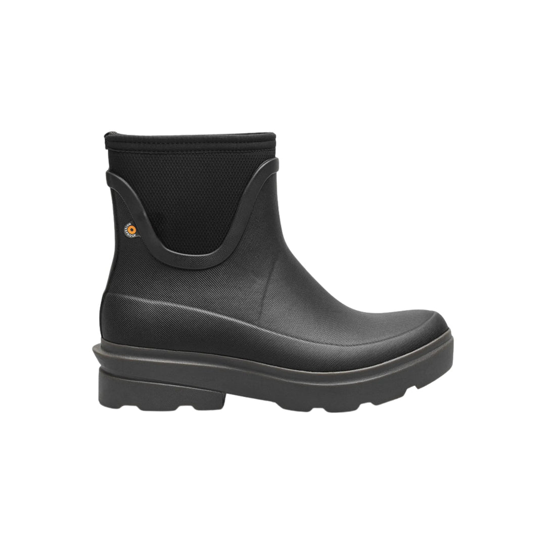 Black ankle-height rain boot with a thick lug sole and side gusset, shown in profile.