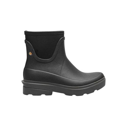 Black ankle-height rain boot with a thick lug sole and side gusset, shown in profile.