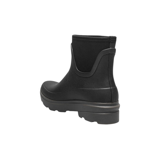 Black ankle-height rain boot with a thick treaded sole, shown in side view