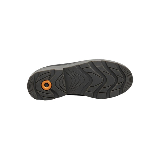 Black boot outsole with wavy tread and orange circular insert