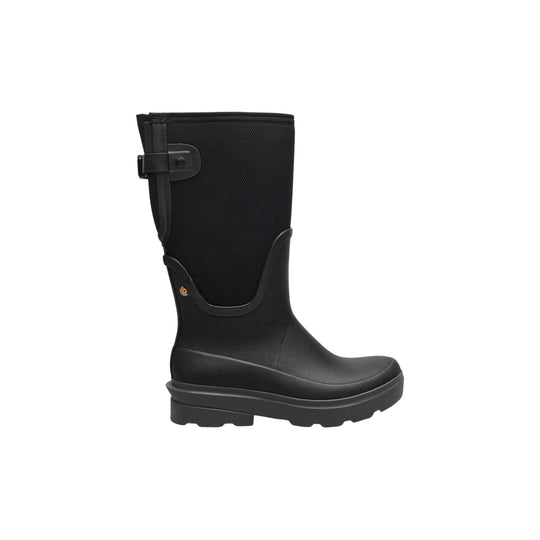 Black knee-high rain boot with textured shaft, adjustable side strap, and chunky lug sole