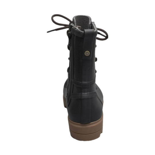 Black tall rain boot with a side zipper, pull laces at the top, and a brown outsole, shown from the back