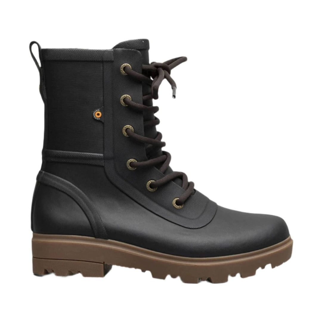 Black lace-up rain boot with brown sole and pull loop