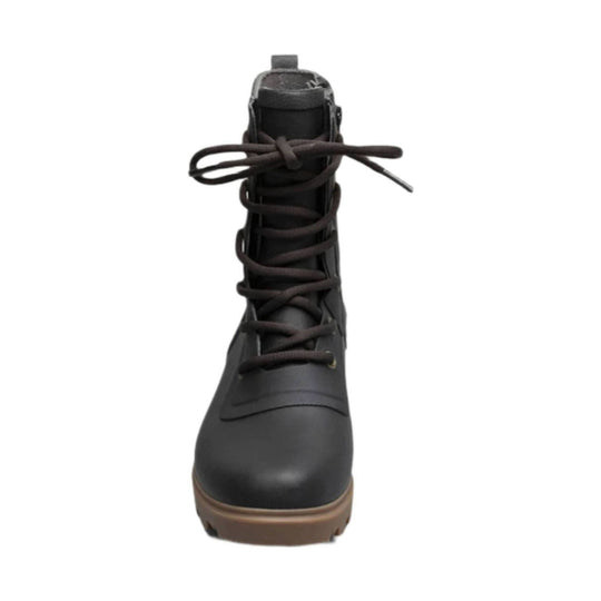 Black lace-up rain boot with brown sole and ankle zipper