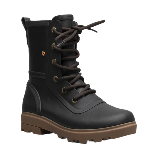 Black lace-up rain boot with brown sole and pull tab