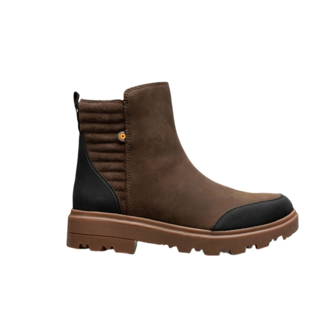 Brown ankle boot with black heel panel, ribbed side panel, and thick treaded sole
