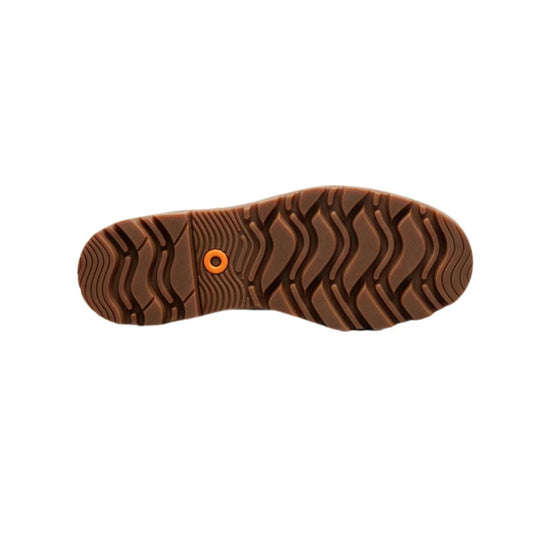 Brown boot outsole with wavy tread and an orange circular plug