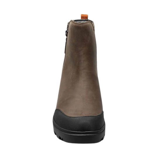 Brown ankle rain boot with black sole and rear pull tab