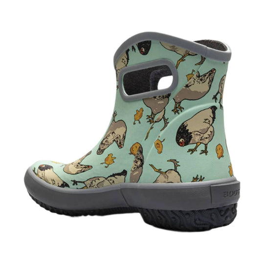 Mint green ankle rain boot with gray trim and chicken print