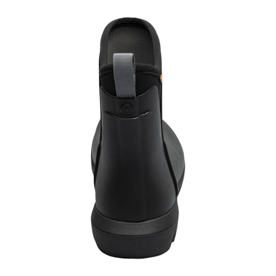 Black ankle-height boot with pull tab and thick rubber sole, shown from the back