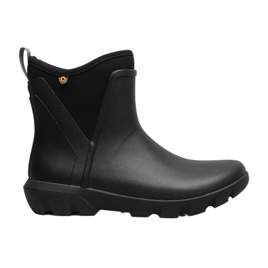 Black Chelsea-style rubber boot with a pull loop, side stretch panels, and lugged sole