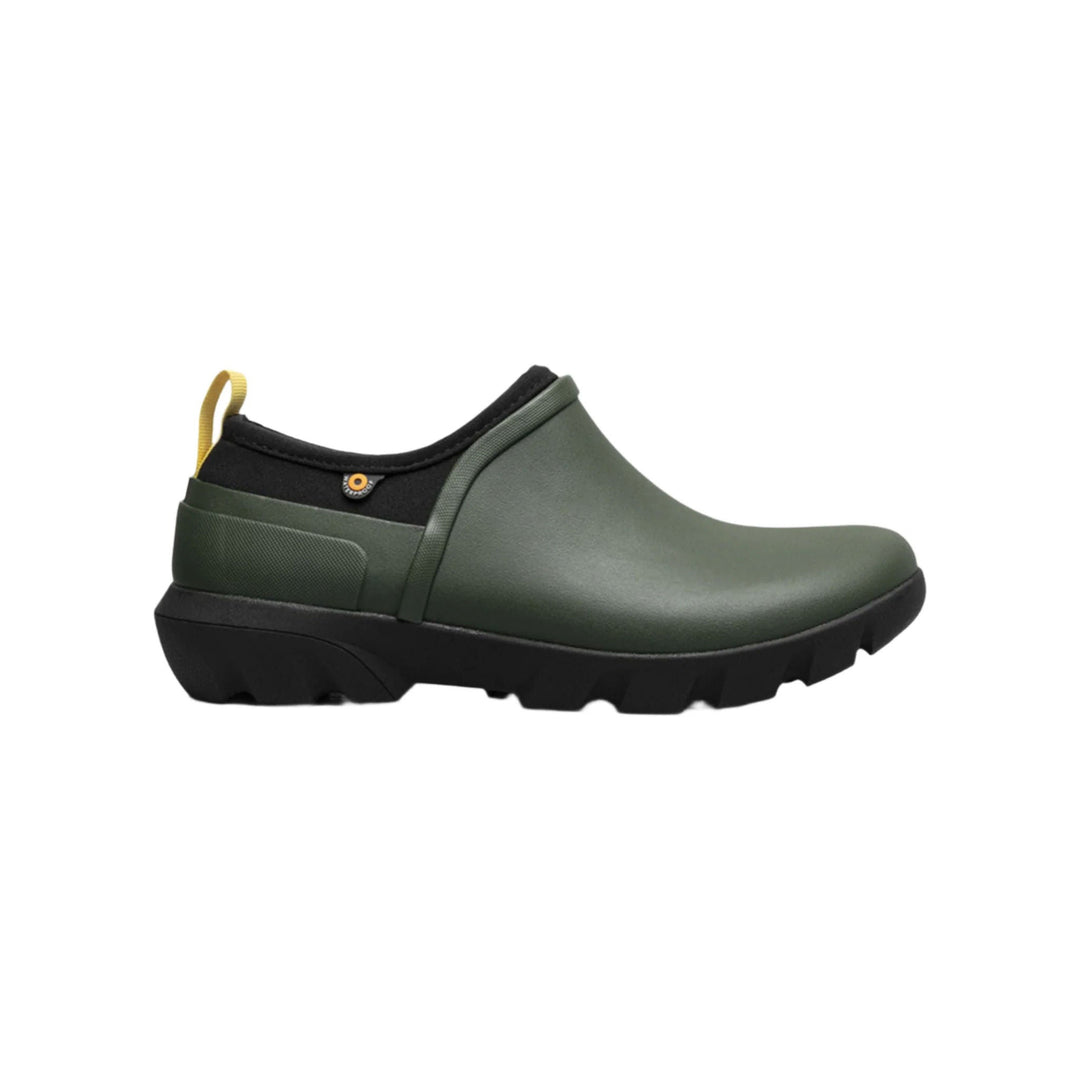 Olive green slip-on garden boot with black sole and yellow heel pull tab