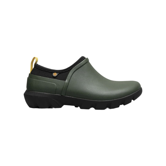 Olive green slip-on garden boot with black sole and yellow heel pull tab