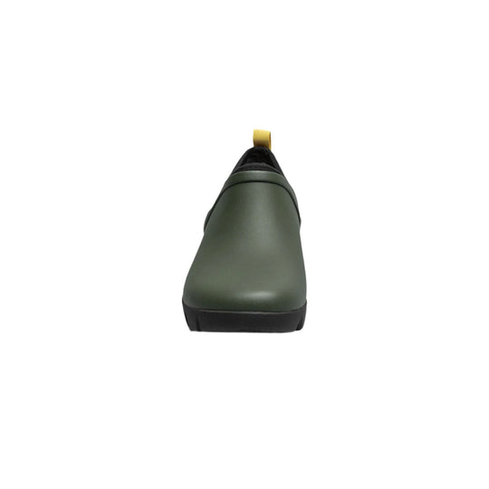 Dark green slip-on rubber boot with black sole and yellow pull tab