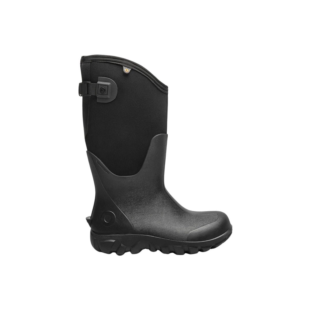 Tall black rubber boot with a side strap and rugged tread sole