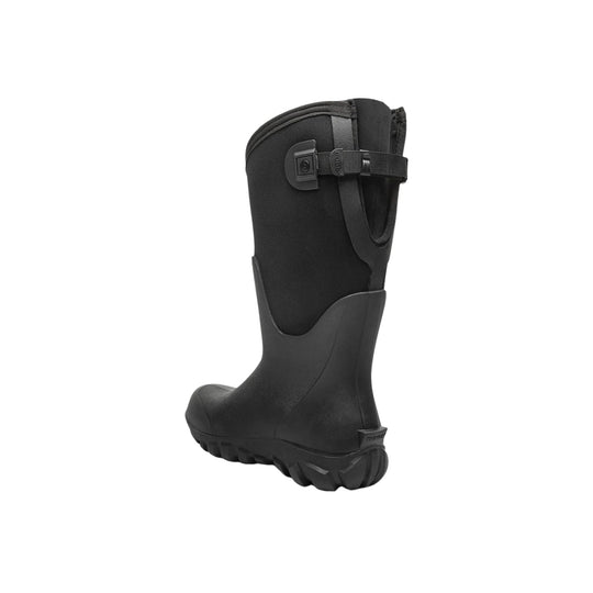 Tall black waterproof boot with a side adjustable strap, pull tab, and chunky lug sole.