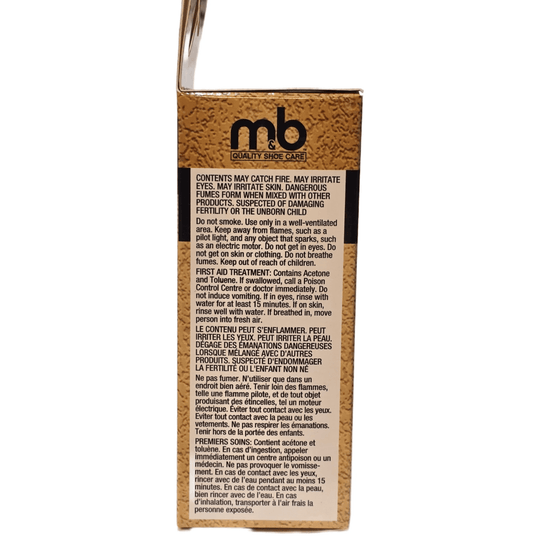 Brown shoe care box with mb logo and warning label