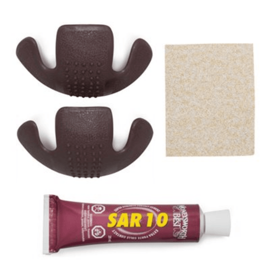 Brown shoe inserts with curved side supports, a beige liner sheet, and a tube labeled SAR 10.