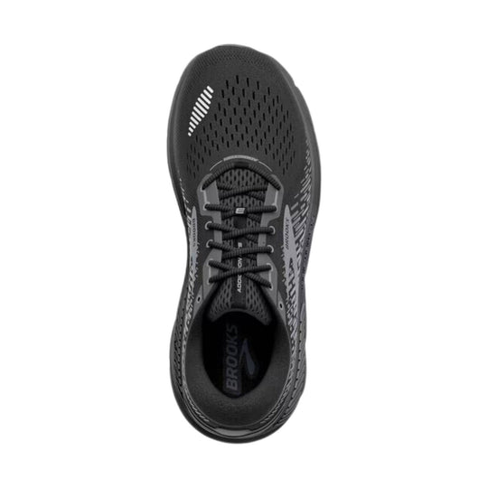 Black Brooks running shoe viewed from above with mesh upper, laces, and white side striping