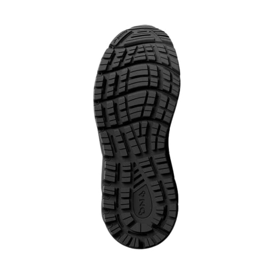 Black rubber shoe outsole with deep tread and embossed branding