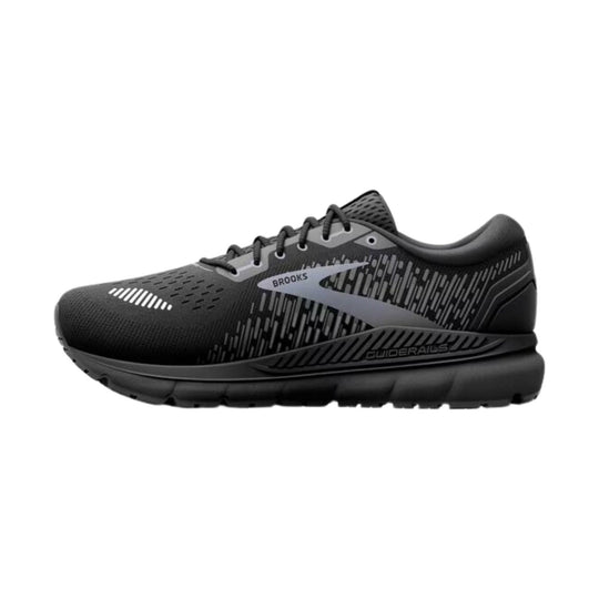 Black running shoe with gray side logo and patterned mesh upper