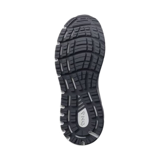 Black running shoe outsole with deep tread and white oval logo insert