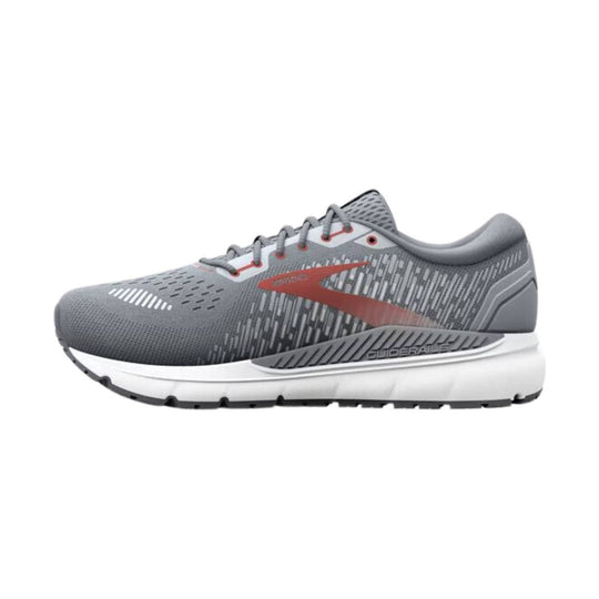 Gray running shoe with white midsole, red side logo, and visible GUIDERAILS text