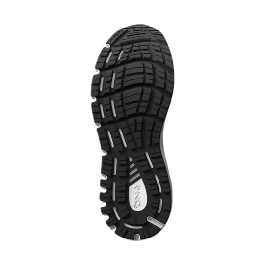 Black running shoe outsole with deep tread and gray rubber accents