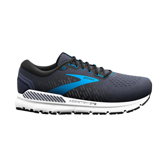 Dark gray running shoe with blue accents and a white midsole, side view