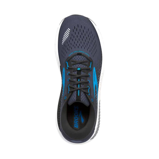 Top view of a black running shoe with blue accents, mesh upper, and white midsole